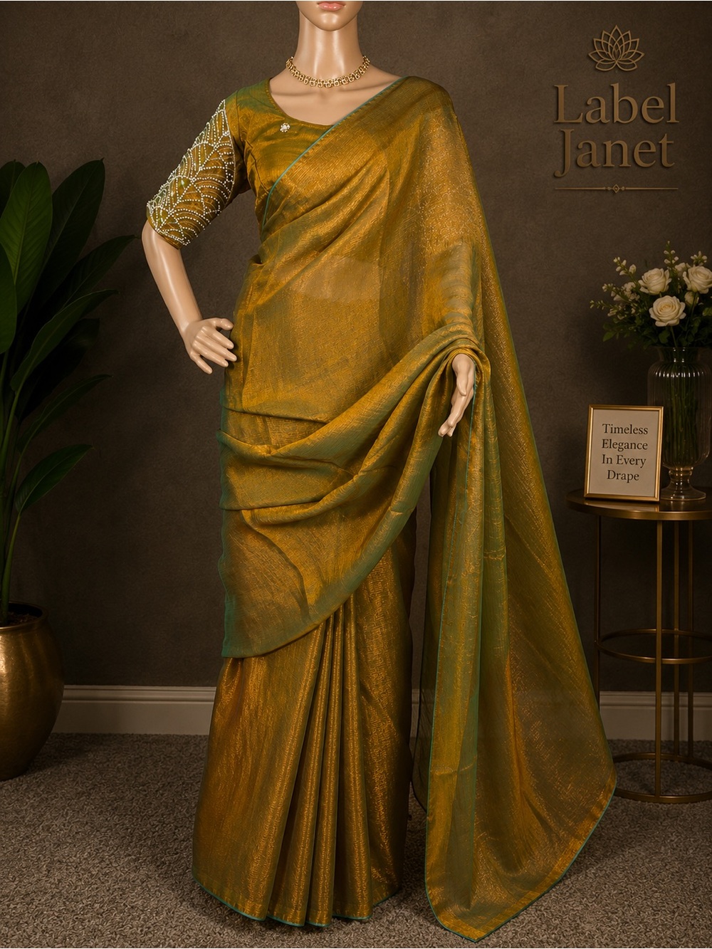 Gold-Green Shimmer space silk Saree with stitched blouse (Brand New)